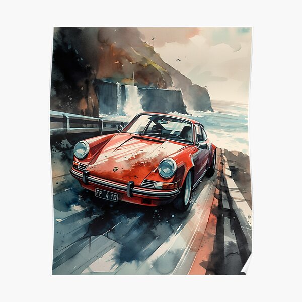 Illustration à l'aquarelle d'une Porsche 911 rouge Poster