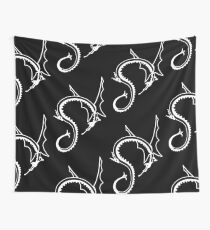 Curled Dragon - White on Black Wall Tapestry