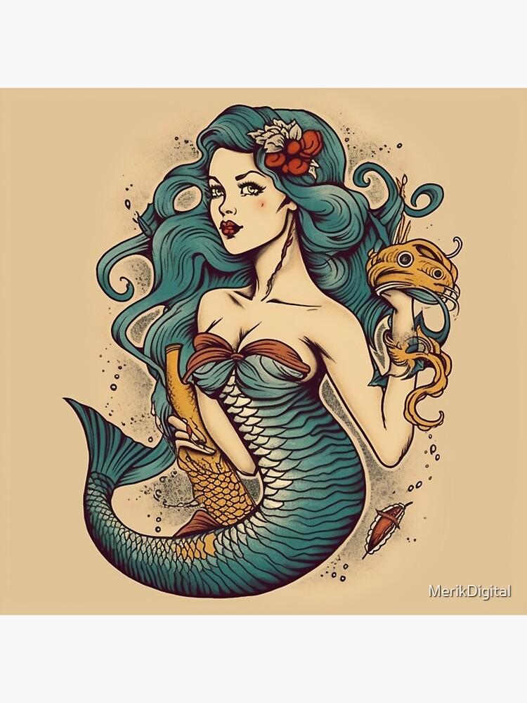 Sailor Jerry Inspired Mermaid Tattoo Design | Art Board Print