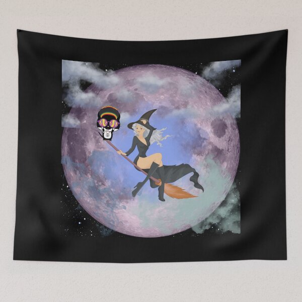 Item preview, Hippie Cat and witch fly across the moon designed and sold by Dragonheart401.