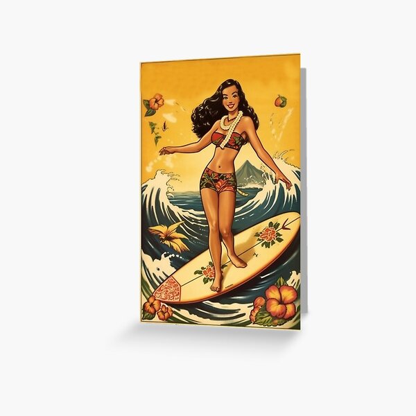 Vista previa del artículo con la obra «Classic Sailor Jerry Hula Girl bailando con tabla de surf | Cartel hawaiano de la vendimia», diseñado y vendido por MerikDigital.