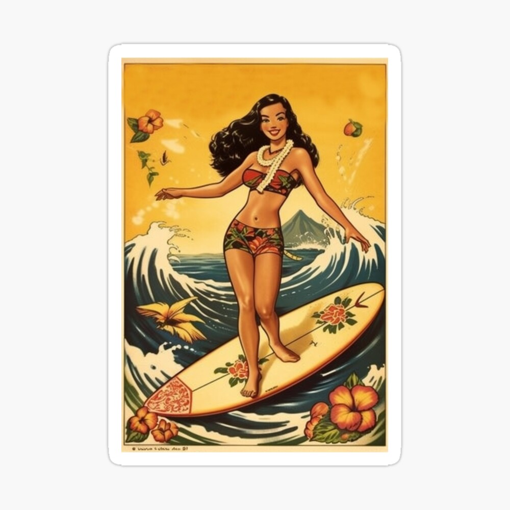 Classic Sailor Jerry Hula Girl Dancing with Surfboard Art Print