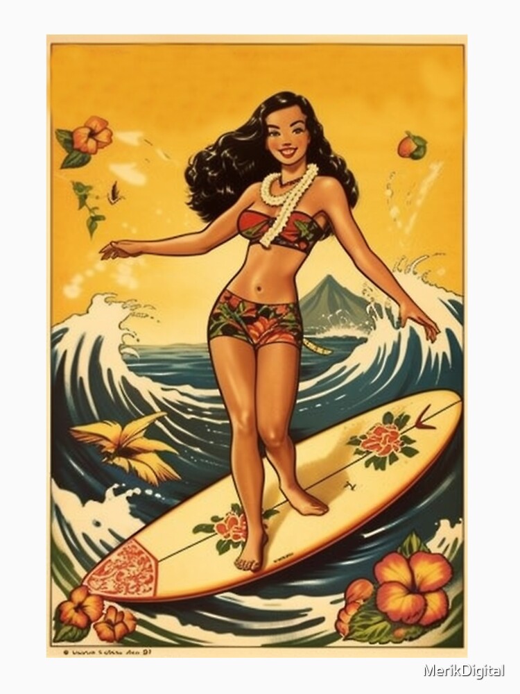 Classic Sailor Jerry Hula Girl Dancing with Surfboard Art Print, Vintage  Hawaiian Poster Essential T-Shirt for Sale by MerikDigital