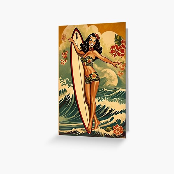 Vista previa del artículo con la obra «Classic Sailor Jerry Hula Girl bailando con tabla de surf | Cartel hawaiano de la vendimia», diseñado y vendido por MerikDigital.