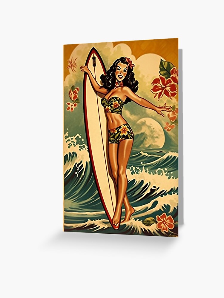 80s HULA DANCER 特大アート フレーム 油彩画 ヴィンテージ Classic Sailor Jerry Hula Girl Dancing with Surfboard Art Print