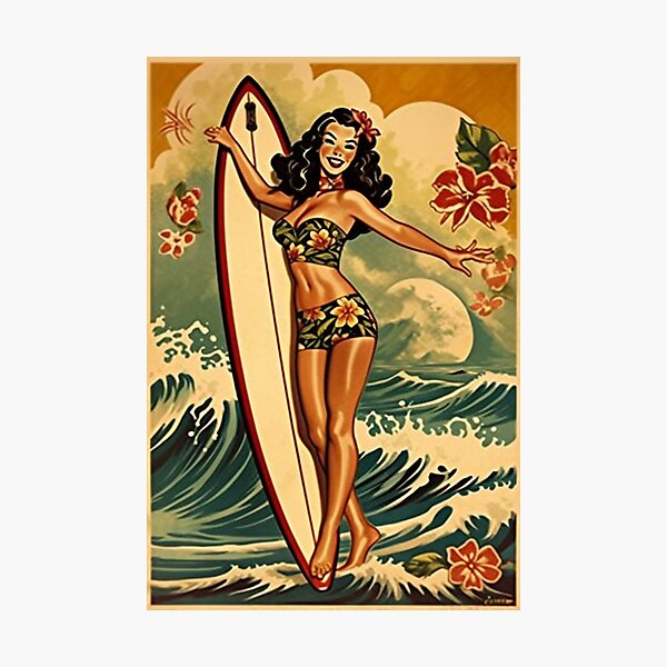 Item preview, Classic Sailor Jerry Hula Girl Dancing with Surfboard Art Print | Vintage Hawaiian Poster designed and sold by MerikDigital.