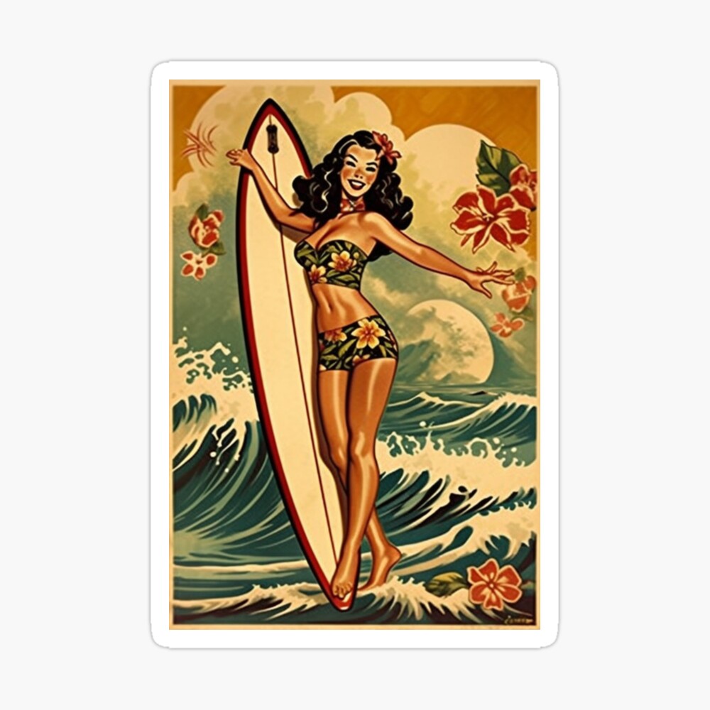 Classic Sailor Jerry Hula Girl Dancing with Surfboard Art
