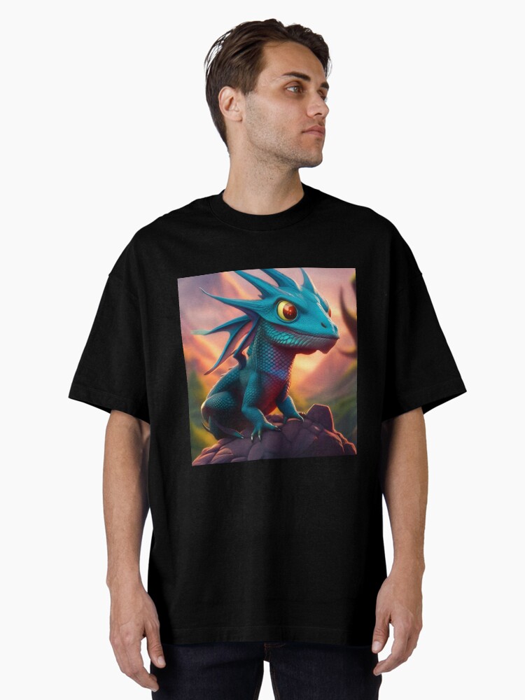 Thumbnail 2 of 7, Oversized T-Shirt, Baby Cyan Dragon on a Rock designed and sold by dragynrain.