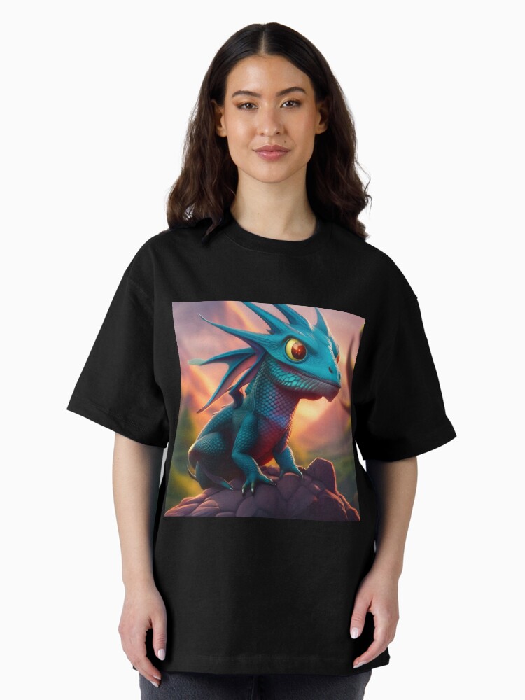 Thumbnail 1 of 7, Oversized T-Shirt, Baby Cyan Dragon on a Rock designed and sold by dragynrain.