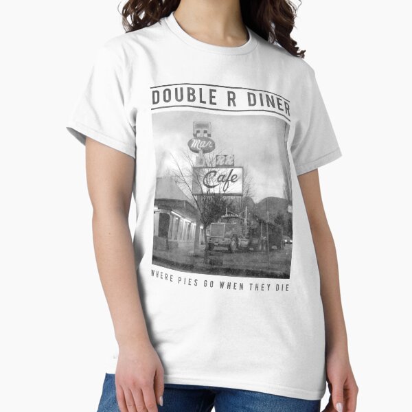Vista previa del artículo con la obra «Twin Peaks Double R Diner Donde los pasteles van a morir Logotipo retro», diseñado y vendido por FifthSun.