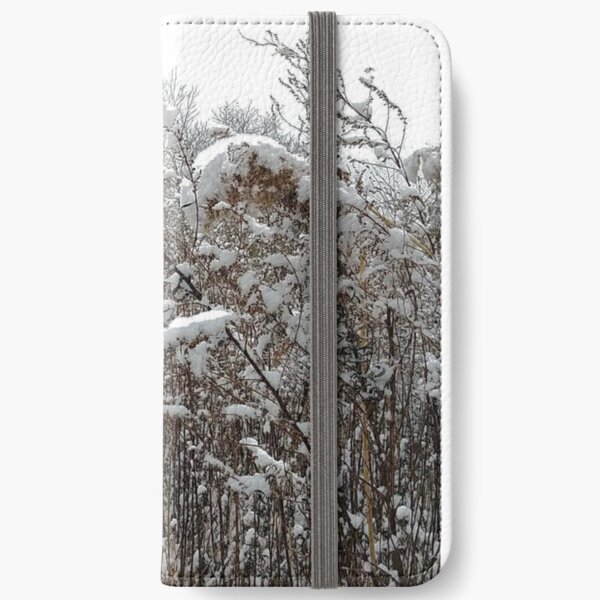 High herbaceous plants covered with first snow iPhone Wallet