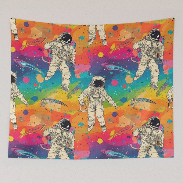 Aperçu de l'œuvre Retro Rainbow Astronaut Repeating Pattern - Vintage Space Exploration créée et vendue par arbaxas.