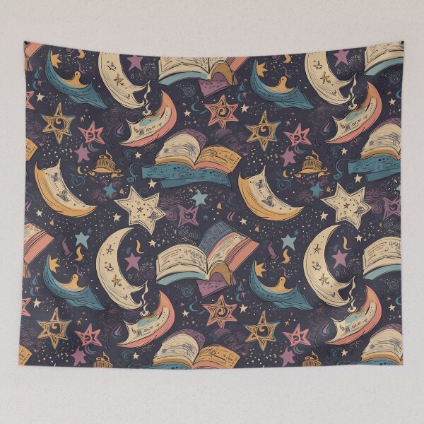 Aperçu de l'œuvre  Enchanted Books & Celestial Bodies Repeating Pattern - Magical Tome and Cosmic Design créée et vendue par arbaxas.