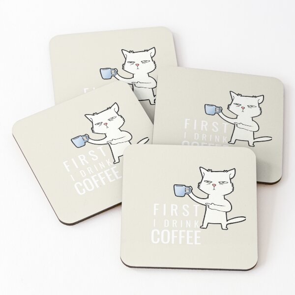 Item preview, "First I Drink Coffee" (with cat illustration and brown background) designed and sold by RM-Journey.