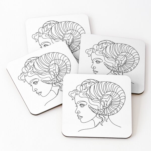 Item preview, Aries zodiac sign, woman face with horns linear art, minimalistic illustration designed and sold by JAG2B.