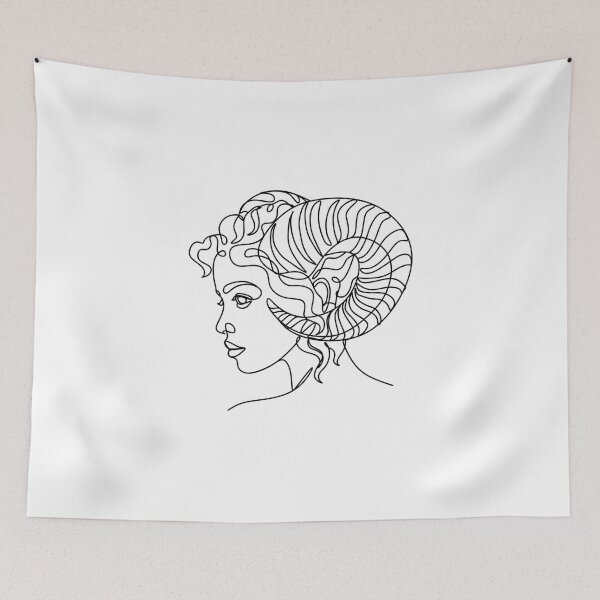 Item preview, Aries zodiac sign, woman face with horns linear art, minimalistic illustration designed and sold by JAG2B.