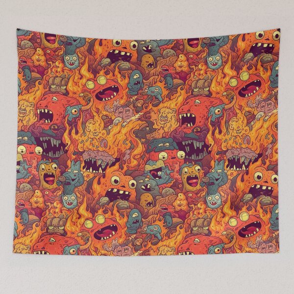 Item preview, "This Is Fine" Hellscape - Repeating Pattern of Adorable, Demented Creatures in Chaos designed and sold by arbaxas.