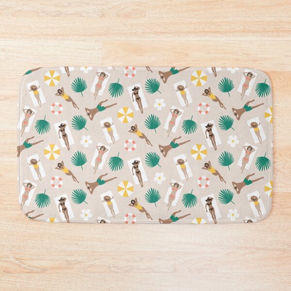 Item preview, People sunbathing relaxing on sand beach with sunshade tropical leaves designed and sold by RevolutionizZed.