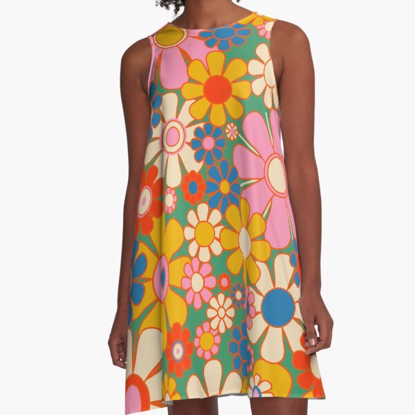 Item preview, Retro Garden Flowers 60s 70s Colorful Floral Pattern Pink Green Red Yellow Blue designed and sold by kierkegaard.