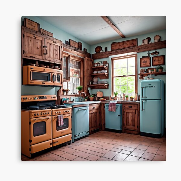 A Vintage Retro Kitchen With Pastel-Colored Appliances And A Refrigerator  Ai Generated Art