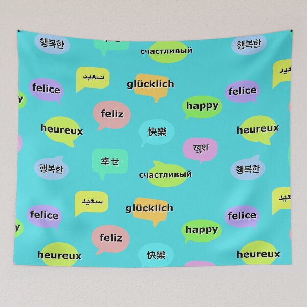Item preview, “happy” in 11 languages ​​for language lover, travelers & shop owner designed and sold by LiberaCaballo.