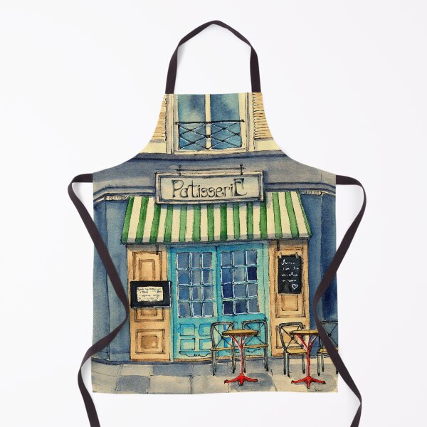 Item preview, A French bakery under a striped marquee, with tables in front of it designed and sold by MaryWatercolor.