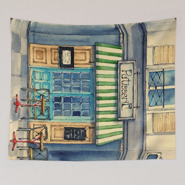Item preview, A French bakery under a striped marquee, with tables in front of it designed and sold by MaryWatercolor.