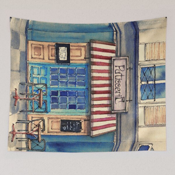 Item preview, A French bakery under a striped marquee designed and sold by MaryWatercolor.