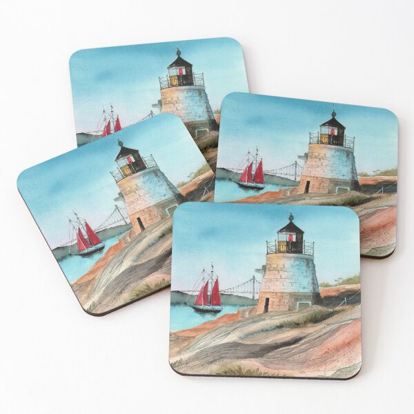 Item preview, Watercolor illustration of a brick lighthouse on the rocky hill with sailing ship designed and sold by MaryWatercolor.
