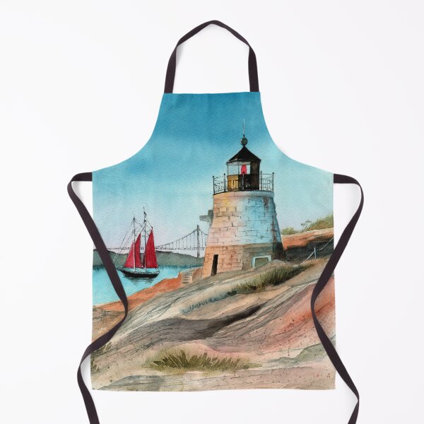 Item preview, Watercolor illustration of a brick lighthouse on the rocky hill with sailing ship designed and sold by MaryWatercolor.