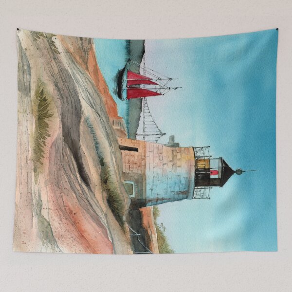Item preview, Watercolor illustration of a brick lighthouse on the rocky hill with sailing ship designed and sold by MaryWatercolor.