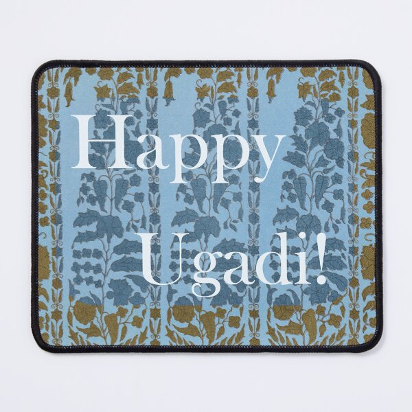 Item preview, Happy Ugadi! on khaki green and light blue textile pattern designed and sold by EmeraldeaArt.