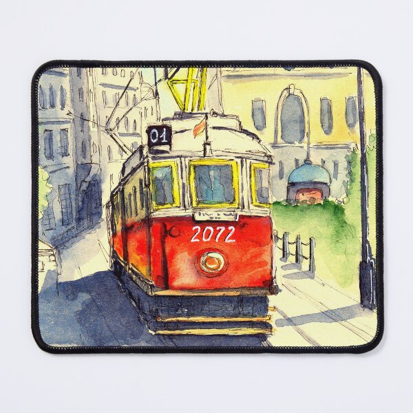 Item preview, Watercolor illustration of a street of a european city with a red tram designed and sold by MaryWatercolor.
