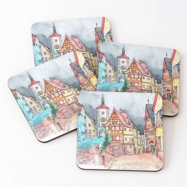 Item preview, Watercolor illustration of an old european town with colored houses designed and sold by MaryWatercolor.