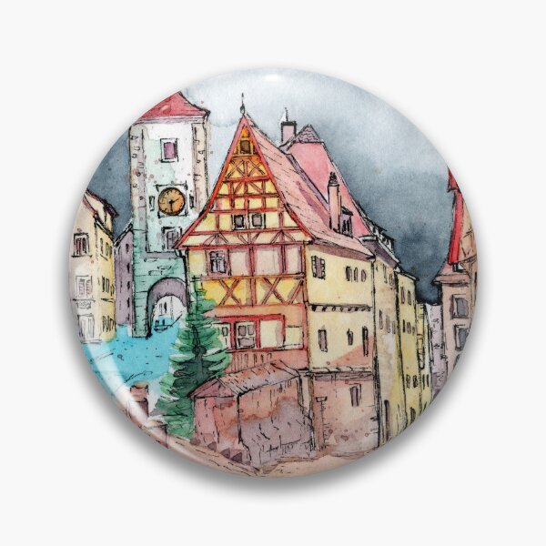 Item preview, Watercolor illustration of an old european town with colored houses designed and sold by MaryWatercolor.