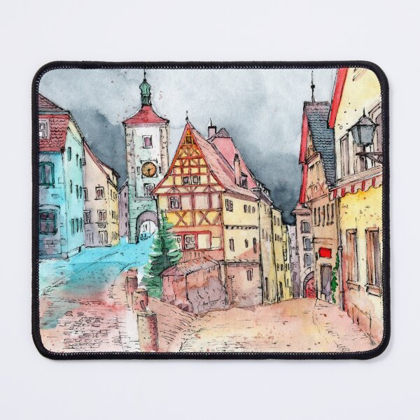 Item preview, Watercolor illustration of an old european town with colored houses designed and sold by MaryWatercolor.