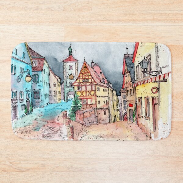 Item preview, Watercolor illustration of an old european town with colored houses designed and sold by MaryWatercolor.