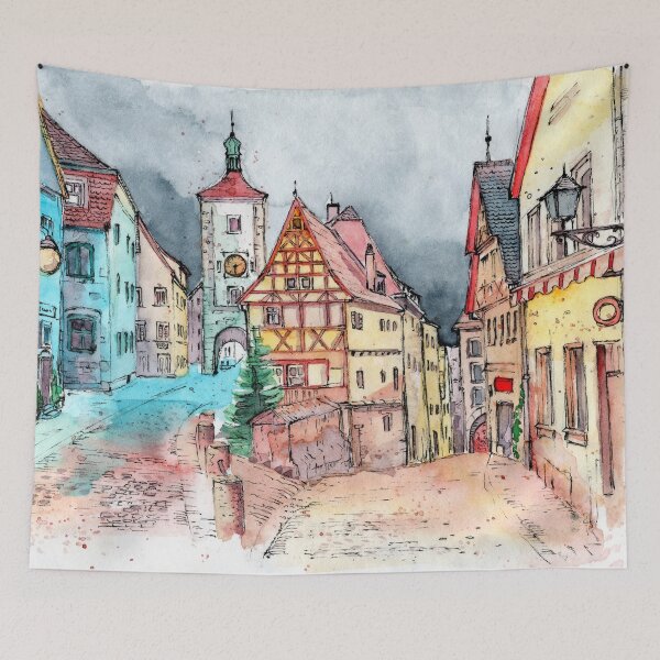 Item preview, Watercolor illustration of an old european town with colored houses designed and sold by MaryWatercolor.