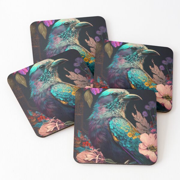 Item preview, Colorful bird with flowers. Neon blue and purple bird with pink blooming flowers designed and sold by TorriPhoto.