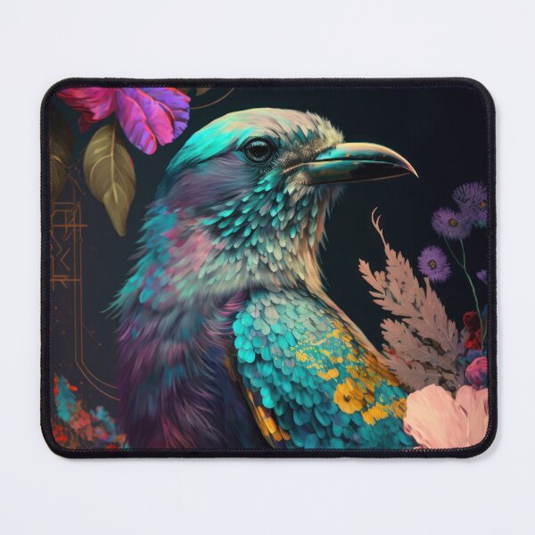 Item preview, Colorful bird with flowers. Neon blue and purple bird with pink blooming flowers designed and sold by TorriPhoto.