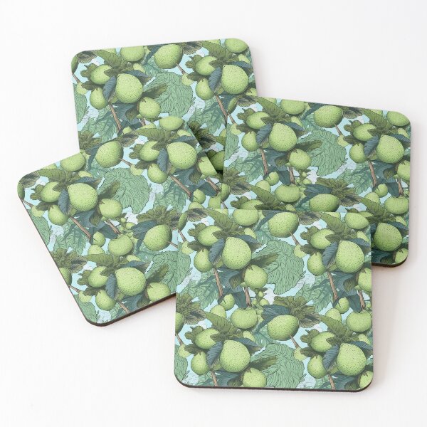 Item preview, BREAD FRUITS AND BREADFRUIT TREE GREEN LEAFS OVER A PALE BLUE BACKGROUND PATTERN designed and sold by BoriGrafico.