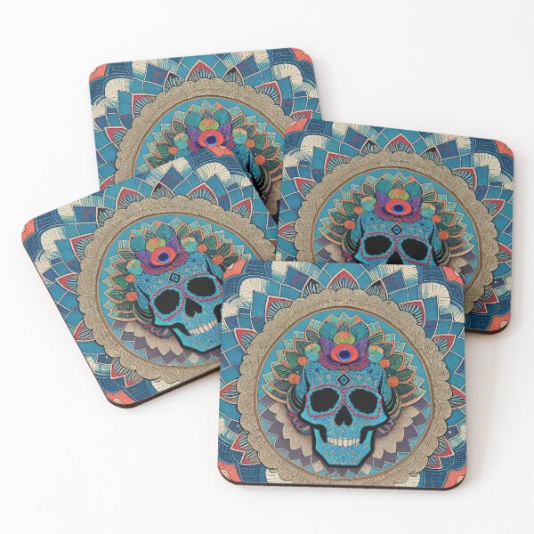 Item preview, Colorful Circular lotus feather Skull (aqua, blue, turquoise) designed and sold by McCallnWaldo.