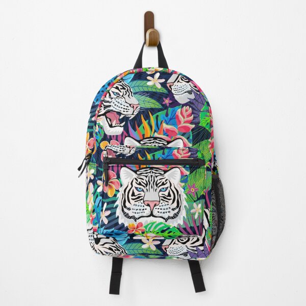 Item preview, White tiger seamless pattern tropical animals colourful wildlife designed and sold by Bearlala.