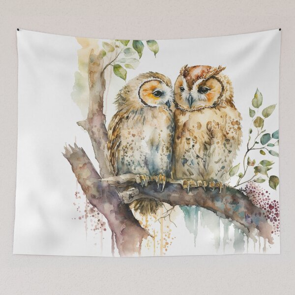 Item preview, Pair of Owls Watercolor owl painting, owl birds on branch designed and sold by adlydesigns.