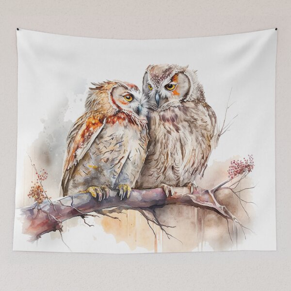Item preview, Two Owls Watercolor owl painting, owl birds on branch designed and sold by adlydesigns.