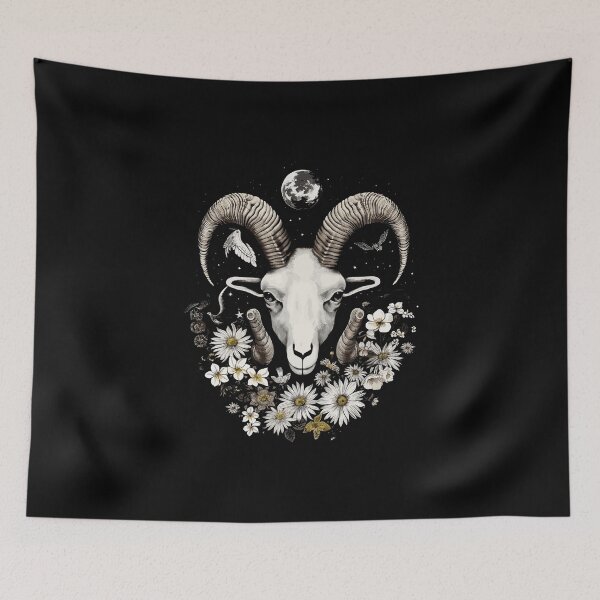 Item preview, Aries Ram Full Moon Flower Collage Illustration - Unique Zodiac Art Print designed and sold by All Souls Dream.