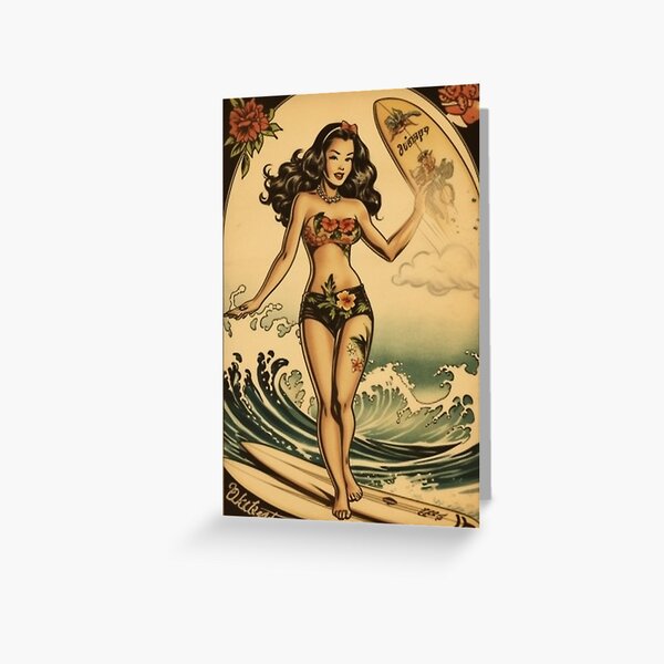 Vista previa del artículo con la obra «Impresión del arte de la tabla de surf de Girlwith | Cartel hawaiano de la vendimia», diseñado y vendido por MerikDigital.