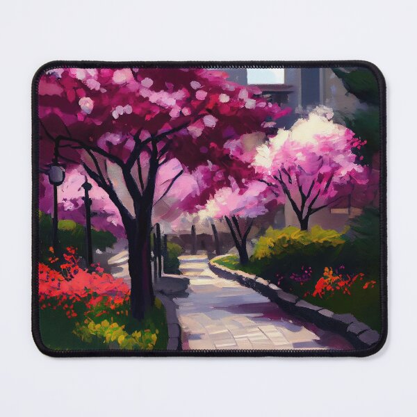 Artikelvorschau, Sakura Serenade Tokyo Cherry Blossoms, impressionistische Landschaft, Brick Path Park, rote Blumen, Öldruck entworfen und verkauft von Riga Sutherland.