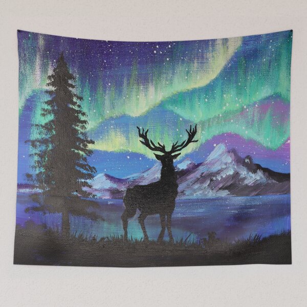Item preview, Snowy Mountain Pine Tree Lake Starry Night Sky Deer Silhouette Northern Light  designed and sold by LEILA ART SPACE.