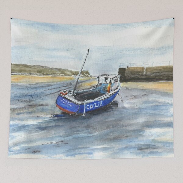 Item preview, Blue Fishing Boat in Abersoch Harbour, Llŷn Peninsula designed and sold by LymphomaLass.